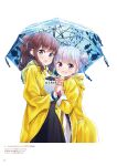  2girls :d :o animal_print bangs black_skirt blue_eyes blue_umbrella blush brown_hair coat double_bun eyebrows_visible_through_hair fish_print highres holding holding_umbrella hooded_coat long_hair looking_at_viewer multiple_girls new_game! official_art open_clothes open_coat open_mouth page_number ponytail print_sweater print_umbrella raincoat short_hair silver_hair skirt smile standing suzukaze_aoba sweater takimoto_hifumi tied_hair tokunou_shoutarou umbrella violet_eyes white_background white_sweater yellow_coat 