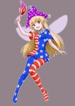  1girl american_flag_dress american_flag_legwear bangs blonde_hair clownpiece dress eyebrows_behind_hair fairy_wings full_body grey_background hat highres holding holding_torch jester_cap kakone long_hair looking_at_viewer neck_ruff open_mouth polka_dot polka_dot_background purple_headwear red_eyes short_sleeves simple_background smile solo star_(symbol) star_print striped striped_dress striped_legwear torch touhou wings 