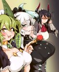  3girls absurdres bangs black_hair blush breasts chamber_dragonmaid choker collarbone commentary constricted_pupils detached_collar diamond_(shape) dragon_girl dragon_horns duel_monster eating food fork fruit glaring glasses gradient gradient_background green_hair grey_eyes hair_between_eyes hand_up highres holding holding_fork horns house_dragonmaid large_breasts long_hair long_sleeves maid maid_headdress multiple_girls open_mouth orange_eyes parlor_dragonmaid puffy_short_sleeves puffy_sleeves short_hair short_sleeves strawberry tkool_man translated whispering white_hair yu-gi-oh! 