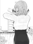  1girl aru_(blue_archive) blue_archive bra bralines breasts greyscale horns hoshiya_takahito long_hair long_sleeves miniature monochrome notice_lines see-through shirt simple_background skirt solo toy_train tree underwear 