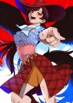  1girl :d bandana bangs blue_shirt breasts brown_hair contrapposto cowboy_hat feet_out_of_frame foreshortening from_below hat horizontal_pupils horse_tail kerok_(joniko1110) kurokoma_saki long_hair medium_breasts open_mouth pegasus_wings plaid pointing pointing_at_viewer red_background red_eyes red_skirt revision shirt simple_background skirt smile solo swept_bangs tail touhou very_long_hair 