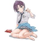  1girl arm_support asakura_tooru bangs bare_legs barefoot black_neckwear black_panties blue_eyes blue_hair blue_jacket blue_nails breast_pocket chocolate closed_mouth clothes_around_waist collared_shirt commentary_request ear_piercing food full_body grey_skirt hamedoragon holding holding_food idolmaster idolmaster_shiny_colors jacket jacket_around_waist looking_at_viewer miniskirt multicolored_hair nail_polish necktie panties pantyshot piercing pleated_skirt pocket purple_hair shirt short_hair sitting skirt sleeves_rolled_up smile solo toenail_polish toenails underwear white_shirt wing_collar yokozuwari 