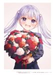  1girl 2021 :d bangs blazer blush bouquet copyright_name floating_hair flower highres holding holding_bouquet jacket long_hair long_sleeves new_game! official_art open_mouth orange_flower orange_rose page_number purple_jacket red_flower red_rose rose shiny shiny_hair silver_hair smile solo suzukaze_aoba tokunou_shoutarou twintails upper_body very_long_hair violet_eyes white_flower white_rose 