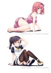  2016 2girls :d arm_support bare_legs barefoot black_hair black_hairband black_legwear black_shirt black_shorts blush bow bow_footwear china_dress chinese_clothes closed_mouth dress garter_straps green_eyes hair_intakes hair_ribbon hairband highres long_hair looking_at_viewer mochizuki_momiji multiple_girls narumi_tsubame necktie new_game! open_mouth page_number pink_dress pink_hair polka_dot polka_dot_shorts polka_dot_skirt print_dress ribbon shiny shiny_hair shirt short_dress short_hair short_shorts short_sleeves shorts side_ponytail side_slit sitting sleeveless sleeveless_dress smile thigh-highs tokunou_shoutarou v vest white_background white_footwear white_vest yellow_bow yellow_eyes yellow_neckwear yellow_ribbon zettai_ryouiki 