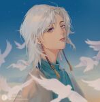  1boy bird cape dove earrings gloating_narcissist grey_hair highres jewelry looking_at_viewer male_focus mojiang-kou outdoors sky:_children_of_the_light solo star_(sky) tassel tassel_earrings upper_body white_bird 