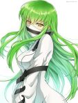  1girl belt bodysuit bound bound_arms c.c. cloth_gag code_geass commentary_request eyebrows_visible_through_hair gag gagged green_hair highres improvised_gag long_hair over_the_nose_gag setu_kurokawa signature solo straitjacket white_background white_bodysuit yellow_eyes 