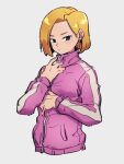 1girl android_18 blonde_hair blue_eyes closed_mouth dragon_ball dragon_ball_super earrings grey_background jacket jewelry kemachiku long_sleeves looking_at_viewer pink_jacket short_hair simple_background solo upper_body 