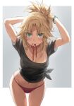  1girl armpits arms_behind_head arms_up bangs black_shirt blonde_hair blush breasts collarbone fate/apocrypha fate_(series) green_eyes highres long_hair looking_at_viewer mordred_(fate) mordred_(fate/apocrypha) mouth_hold panties parted_bangs ponytail red_panties revision shirt short_sleeves sidelocks small_breasts solo tan tanlines thighs tied_shirt tonee tying_hair underwear 