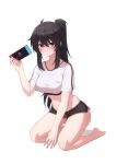  1girl ahoge artist_request bare_arms barefoot between_legs black_hair black_shorts blue_eyes breasts closers commission crop_top dolphin_shorts genderswap genderswap_(mtf) groin highres holding kneeling long_hair looking_at_viewer medium_breasts micro_shorts midriff navel nintendo_switch ponytail second-party_source seha_lee shirt short_shorts short_sleeves shorts sidelocks solo stomach thighs white_shirt 
