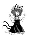  1girl animal_ears bow cat_ears cat_tail chen dress earrings fang fingernails full_body giantcavemushroom greyscale hat highres jewelry long_fingernails mob_cap monochrome multiple_tails nekomata open_mouth shirt short_hair single_earring socks tail touhou two_tails 