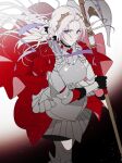  1girl armor axe cape edelgard_von_hresvelg fire_emblem fire_emblem:_three_houses fire_emblem_warriors:_three_hopes gloves hair_ribbon highres long_hair looking_at_viewer red_cape ribbon simple_background skirt solo violet_eyes vo1ez white_hair 