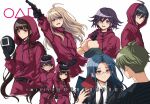  3girls 4boys :d ahoge akamatsu_kaede amami_rantarou antenna_hair bangs belt black_belt black_gloves black_hair blue_hair brown_hair card circle commentary criis-chan danganronpa_(series) danganronpa_v3:_killing_harmony glasses gloves green_hair gun hair_ornament hairclip harukawa_maki holding holding_card holding_gun holding_weapon hood hood_up long_hair long_sleeves looking_at_another mask momota_kaito multiple_boys multiple_girls musical_note_hair_ornament open_mouth ouma_kokichi pants red_pants saihara_shuuichi shirogane_tsumugi shirt short_hair simple_background smile soldier_(squid_game) square squid_game striped striped_shirt teeth triangle twitter_username upper_teeth weapon white_background 