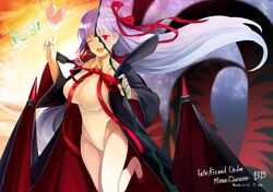  1girl bb_(fate) bb_(swimsuit_mooncancer)_(fate) breasts cloak fate/grand_order fate_(series) gloves hair_ribbon large_breasts long_hair looking_at_viewer one_eye_closed open_mouth red_eyes ribbon shoochiku_bai smile solo swimsuit violet_eyes white_gloves 