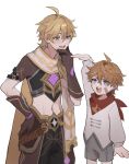  2boys aether_(genshin_impact) ahoge bandaid bandaid_on_cheek bandaid_on_face bangs blonde_hair blue_eyes braid brown_gloves child eyebrows_visible_through_hair genshin_impact gloves grey_shorts ha_ze hair_between_eyes hand_on_hip hand_on_own_chin height_difference highres long_hair long_sleeves male_focus multiple_boys open_mouth orange_hair short_sleeves shorts simple_background single_braid tartaglia_(genshin_impact) teeth upper_teeth white_background yellow_eyes younger 