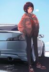  1girl bangs black_pants blue_sky blush bonryuu brown_hair brown_sweater car closed_mouth ground_vehicle hands_in_pockets hibike!_euphonium highres jacket long_sleeves looking_at_viewer mole mole_under_eye motor_vehicle nakaseko_kaori nike outdoors pants red_eyes red_footwear red_jacket shoes short_hair sky smile sneakers solo sports_car standing steam sweater turtleneck turtleneck_sweater 