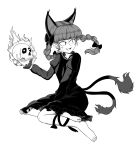  animal_ears bare_legs barefoot black_ribbon bow braid cat_ears dress extra_ears frilled_dress frills giantcavemushroom greyscale hair_bow highres juliet_sleeves kaenbyou_rin leg_strap long_hair long_sleeves monochrome nekomata open_mouth puffy_sleeves ribbon simple_background skull touhou twin_braids white_background 