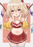  1girl absurdres blonde_hair cheerleader fang flandre_scarlet highres holding holding_pom_poms kamukamu_23 medium_hair one_side_up pointy_ears pom_pom_(cheerleading) red_eyes solo tagme thick_thighs thigh-highs thighs touhou wings 
