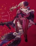  1boy 1girl apex_legends black_hair black_sclera bootlegger_loba bow braid carrying colored_sclera grey_eyes gun hair_bow holding holding_gun holding_weapon humanoid_robot jacket loba_(apex_legends) looking_ahead princess_carry r-99_smg red_background red_bow red_jacket revenant_(apex_legends) science_fiction shourou_kanna silver_hair simulacrum_(titanfall) sparkle submachine_gun twin_braids unholy_beast_revenant weapon 