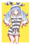  1girl :o absurdres animal_ears bangs blue_hair bound bound_wrists braid contrapposto cuffs dress handcuffs highres hololive long_hair looking_to_the_side multicolored_hair official_alternate_costume orange_eyes quarterlift rabbit_ears rabbit_girl short_dress short_eyebrows solo standing striped striped_dress thick_eyebrows torn_clothes torn_dress twin_braids two-tone_hair usada_pekora virtual_youtuber white_hair yellow_background 