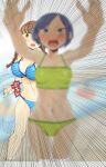  2girls absurdres bikini blue_eyes blue_hair blurry blush breasts depth_of_field emphasis_lines green_eyes highres innertube kawasaki_tadataka large_breasts long_hair multiple_girls navel original polka_dot polka_dot_bikini short_hair striped striped_bikini swimsuit 