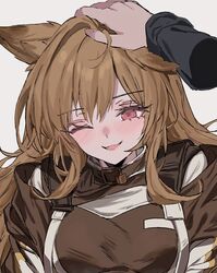  1girl ahoge animal_ears aogisa arknights blush breasts brown_coat brown_hair ceobe_(arknights) coat commentary disembodied_limb dog_ears eyebrows_visible_through_hair eyelashes grey_background hair_between_eyes highres long_hair looking_down medium_breasts one_eye_closed open_mouth petting portrait red_eyes simple_background smile solo_focus strap symbol-only_commentary 