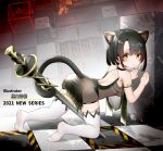  1girl absurdres all_fours animal_ear_fluff animal_ears arknights ass backless_dress backless_outfit bangs bare_shoulders black_choker black_dress black_hair blush cat_ears cat_girl cat_tail choker commentary_request dress eyebrows_visible_through_hair from_side full_body green_eyes hair_ornament highres kuroshiroemaki looking_at_viewer looking_to_the_side mandrake_(arknights) no_shoes parted_lips prehensile_tail soles solo tail thigh-highs thighs white_legwear 