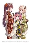  3girls :d apron black_ribbon blonde_hair blue_eyes bow brown_bow brown_hair checkered checkered_bow closed_mouth copyright_name floral_print green_kimono hair_bow hands_on_another&#039;s_shoulder highres holding holding_plate iijima_yun japanese_clothes kimono long_hair long_sleeves looking_at_viewer maid_headdress medium_hair mochizuki_momiji multiple_girls neck_ribbon new_game! official_art open_mouth orange_bow page_number pink_hair plate ponytail print_kimono red_kimono ribbon shiny shiny_hair side_ponytail smile standing striped striped_bow takimoto_hifumi tokunou_shoutarou very_long_hair white_apron yellow_eyes yukata 