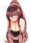 1girl bare_shoulders black_bra blush bra breasts brown_hair cherry_blossoms flower hair_flower hair_ornament highres kantai_collection long_hair long_sleeves looking_at_viewer medium_breasts nose_blush off-shoulder_sweater off_shoulder official_alternate_costume ponytail red_eyes rekka_yamato sidelocks smile solo sweater underwear very_long_hair yamato_(kancolle) 