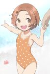  1girl 1other beach brown_eyes brown_hair hair_ornament hairclip highres holding_hands idolmaster idolmaster_cinderella_girls open_mouth out_of_frame pointing polka_dot polka_dot_swimsuit ryuuzaki_kaoru short_hair smile solo_focus standing swimsuit yama_tatsuo 