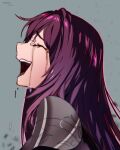  1girl armor bangs closed_eyes crying fate/grand_order fate_(series) from_side grey_background hair_between_eyes highres hu_tu long_hair open_mouth purple_hair scathach_(fate) simple_background smile solo tears upper_body 