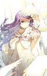  anastasia_hoshin bangsutur blue_eyes cape dress hair_ornament hand_up highres long_hair long_sleeves looking_at_viewer purple_hair re:zero_kara_hajimeru_isekai_seikatsu ribbon shading smile star_(symbol) star_hair_ornament white_bird white_dress 