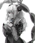  1girl applebathroom arknights bangs blue_eyes head_wings jewelry long_hair long_sleeves manticore_(arknights) manticore_(invisible_dirge)_(arknights) nail_polish necklace official_alternate_costume parted_lips pointy_ears ring scorpion_tail solo spot_color tail violet_eyes 