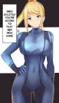  1340smile 1girl absurdres bangs blonde_hair blue_bodysuit blue_eyes blush bodysuit breasts high_ponytail highres long_hair looking_at_viewer metroid metroid_dread mole mole_under_mouth ponytail samus_aran simple_background skin_tight smile solo upper_body zero_suit 