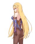  1girl ass bangs black_gloves black_legwear blonde_hair blush breasts chest_jewel chirun0 earrings genshin_impact gloves hair_ornament jewelry large_breasts leotard long_hair mona_(genshin_impact) mythra_(xenoblade) pantyhose simple_background smile solo swept_bangs very_long_hair xenoblade_chronicles_(series) xenoblade_chronicles_2 yellow_eyes 