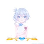  1girl bangs blue_eyes closed_mouth flower grin hair_between_eyes hair_ornament highres holding holding_flower honkai_(series) honkai_impact_3rd looking_at_viewer open_mouth purple_flower purple_rose qaliw rose simple_background smile solo teeth theresa_apocalypse white_background white_hair 