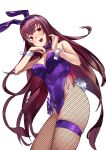  1girl absurdres animal_ears bangs breasts eyebrows_behind_hair eyebrows_visible_through_hair fake_animal_ears fake_tail fate/grand_order fate_(series) fishnet_legwear fishnets hair_between_eyes highres hu_tu leg_belt long_hair looking_at_viewer open_mouth playboy_bunny purple_hair rabbit_ears rabbit_tail scathach_(fate) simple_background smile solo tail thigh-highs violet_eyes white_background wrist_cuffs 