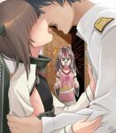  1boy 2girls admiral_(kancolle) alexzhang anger_vein apron brown_hair commentary_request flat_chest grey_hair headband headgear heart heart_print hetero high_ponytail highres japanese_clothes kantai_collection long_hair long_sleeves military military_uniform multiple_girls muneate naval_uniform omelet pink_apron plate revision taihou_(kancolle) tamagoyaki uniform zuihou_(kancolle) 