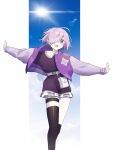  1girl alternate_costume asymmetrical_legwear belt belt_buckle black_legwear blue_sky buckle buttons commentary_request dress eyebrows_visible_through_hair fate/grand_order fate_(series) hair_over_one_eye highres jacket letterman_jacket light_purple_hair long_sleeves looking_at_viewer mash_kyrielight nikomicapchi one_eye_covered open_clothes open_jacket open_mouth outstretched_arms purple_dress purple_jacket short_dress short_hair sky smile solo sun sunlight tongue uneven_legwear violet_eyes white_belt 