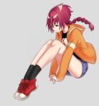  1girl braid coat darker_than_black green_eyes highres jewelry long_hair necklace redhead seven-world shoes shorts simple_background single_braid sneakers solo suou_pavlichenko 