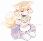  1girl animal_ears arknights bangs bare_shoulders blonde_hair blue_hairband blush closed_mouth eyebrows_visible_through_hair fox_ears fox_girl fox_tail green_eyes hairband highres infection_monitor_(arknights) multiple_tails nprmtp pantyhose solo suzuran_(arknights) tail white_legwear 