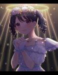  1girl angel_wings black_hair clenched_hands collarbone commentary_request dress flower flower_wreath fukumaru_koito hair_flower hair_ornament halo highres idolmaster idolmaster_shiny_colors jewelry looking_at_viewer medium_hair necklace solo soppppphie twintails violet_eyes white_dress wings wrist_cuffs 