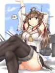  1girl ahoge black_skirt boots breasts brown_hair cannon crossed_legs detached_sleeves double_bun frilled_skirt frills hairband headgear highres japanese_clothes kantai_collection kongou_(kancolle) long_hair medium_breasts nontraditional_miko panties remodel_(kantai_collection) ribbon-trimmed_sleeves ribbon_trim rigging sitting skirt solo thigh-highs thigh_boots turret underwear violet_eyes white_panties yashio_(0321) 