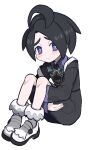  1boy ahoge allister_(pokemon) black_hair black_shirt black_shorts blush bright_pupils closed_mouth collared_shirt commentary_request full_body highres himawari_(kawaisounaedesu) hugging_own_legs knees long_sleeves male_focus mole mole_under_mouth pokemon pokemon_(game) pokemon_swsh raised_eyebrows shirt shoes short_hair shorts socks solo suspenders suspenders_slip violet_eyes white_pupils 