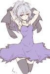  1girl armpits breasts closed_mouth darker_than_black dress highres kaiser2050101 long_hair looking_at_viewer ponytail purple_dress silver_hair simple_background solo thigh-highs violet_eyes white_background yin_(darker_than_black) 