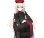  1girl absurdres ak74m_(girls&#039;_frontline) beret black_footwear black_jacket black_legwear blonde_hair blush boots breasts eyebrows_visible_through_hair feet_out_of_frame girls_frontline hat highres jacket long_hair looking_at_viewer lying medium_breasts on_back open_mouth pantyhose red_skirt skirt solo tactical_clothes uniform violet_eyes white_background yanagui 