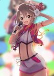  1girl :d arm_up armband armpits blurry blurry_background cowboy_shot crop_top dancing depth_of_field display_board eyebrows_visible_through_hair fingerless_gloves flat_chest gloves grey_hair highres holding holding_microphone idol idolmaster idolmaster_cinderella_girls idolmaster_cinderella_girls_starlight_stage looking_at_viewer microphone midriff music navel necktie open_mouth otokura_yuuki shirt short_hair shorts singing sleeveless sleeveless_shirt smile solo stage suspenders yuukura_yuu zoom_layer 