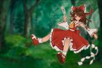 1girl adapted_costume ascot bangs blurry blurry_background bow brown_eyes brown_hair detached_sleeves dot_nose dress floating floating_hair foreshortening forest frilled_bow frilled_dress frilled_shirt_collar frills full_body game_cg gohei hair_between_eyes hair_bow hair_tubes hakurei_reimu hand_up highres holding light_blush long_hair looking_at_viewer nature ofuda outdoors project_heartbeat red_bow red_dress red_footwear red_ribbon reixart ribbon ribbon-trimmed_dress ribbon-trimmed_sleeves ribbon_trim shoes sidelocks smile socks solo third-party_source touhou tree white_legwear yellow_neckwear 