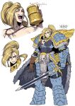  1girl :d adeptus_astartes animal_skull armor beer_mug blonde_hair blue_eyes blush boobplate breastplate breasts cape clenched_teeth closed_mouth cup fang fang_out fangs fur_cape gauntlets genderswap genderswap_(mtf) greaves highres holding holding_cup holding_sword holding_weapon leman_russ long_hair looking_at_viewer mug multiple_views open_mouth pauldrons pelt pelvic_curtain ponytail ryuusei_(mark_ii) scar scar_across_eye shoulder_armor shoulder_spikes side_braids signature simple_background smile space_wolves spikes sword tankard teeth tooth_necklace warhammer_40k weapon white_background 