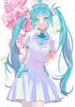  1girl absurdres arms_behind_back balloon bandaid bangs blue_eyes blue_hair blush breasts buttons closed_mouth commentary_request cowboy_shot cross cross_hair_ornament dress eyebrows_visible_through_hair hair_ornament hairpin hat hatsune_miku higasizora-kai highres jar long_hair looking_at_viewer medicine nurse nurse_cap pill pleated_skirt short_sleeves skirt sleeve_cuffs small_breasts smile solo standing stethoscope twintails very_long_hair vocaloid white_background white_dress 