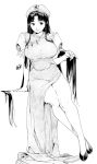  1girl absurdres bangs banned_artist breasts closed_mouth highres hong_meiling kamiyama_aya large_breasts monochrome simple_background sitting smile solo touhou white_background 